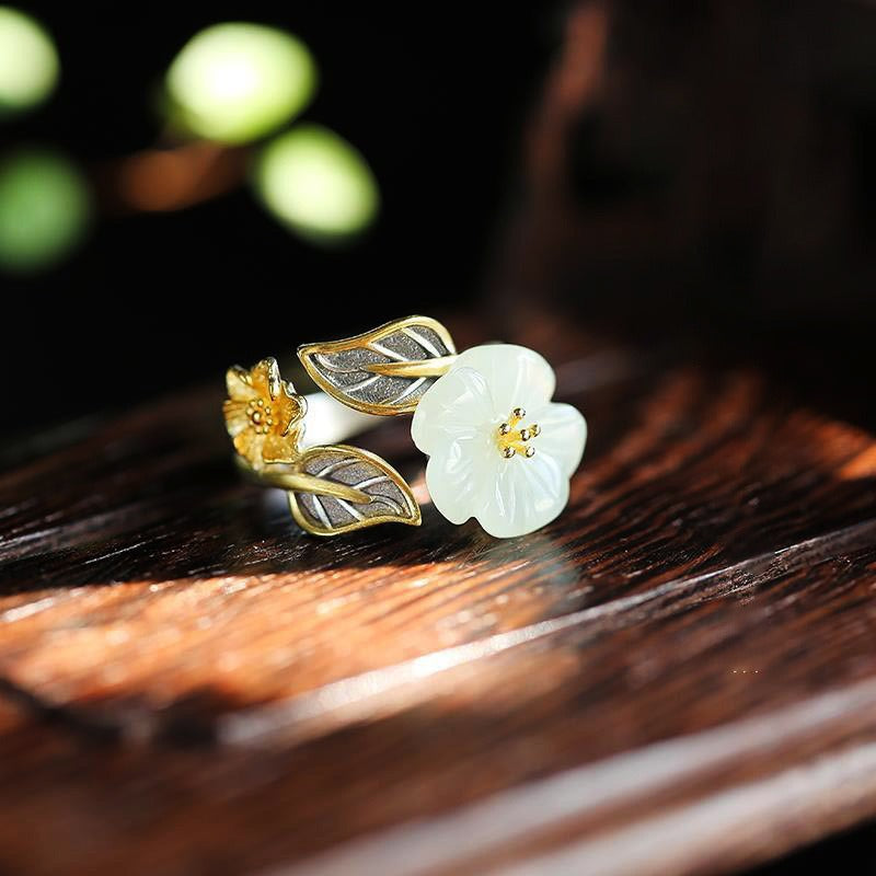 925 Silver Plated Copper White Jade Plum Flower Leaf Luck Ring