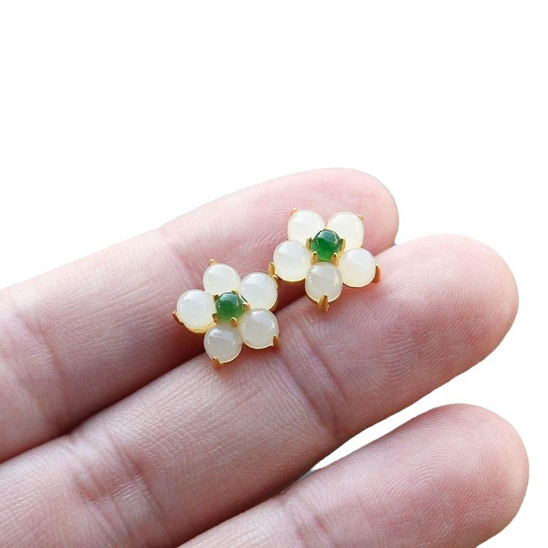 White Jade Flower Luck Blessing Stud Earrings