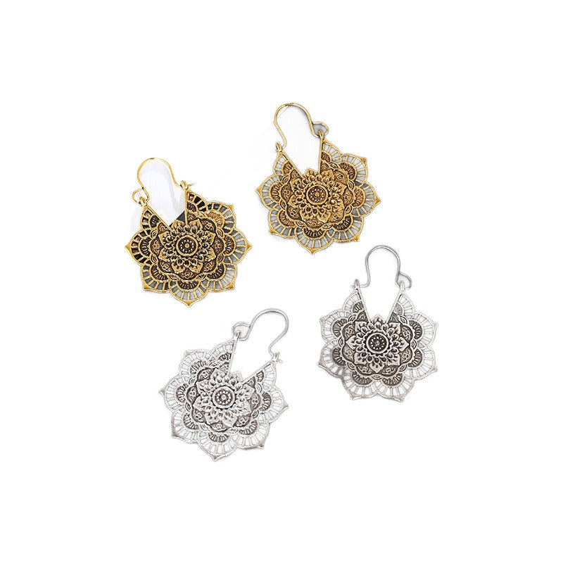 Tibetan Lotus Engraving Copper Blessing Drop Earrings