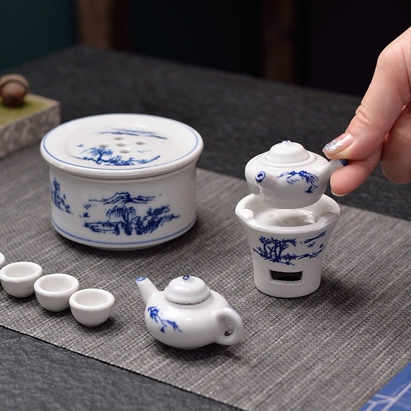 Miniature Decorative Ceramic Tea Set with Stove and Tray