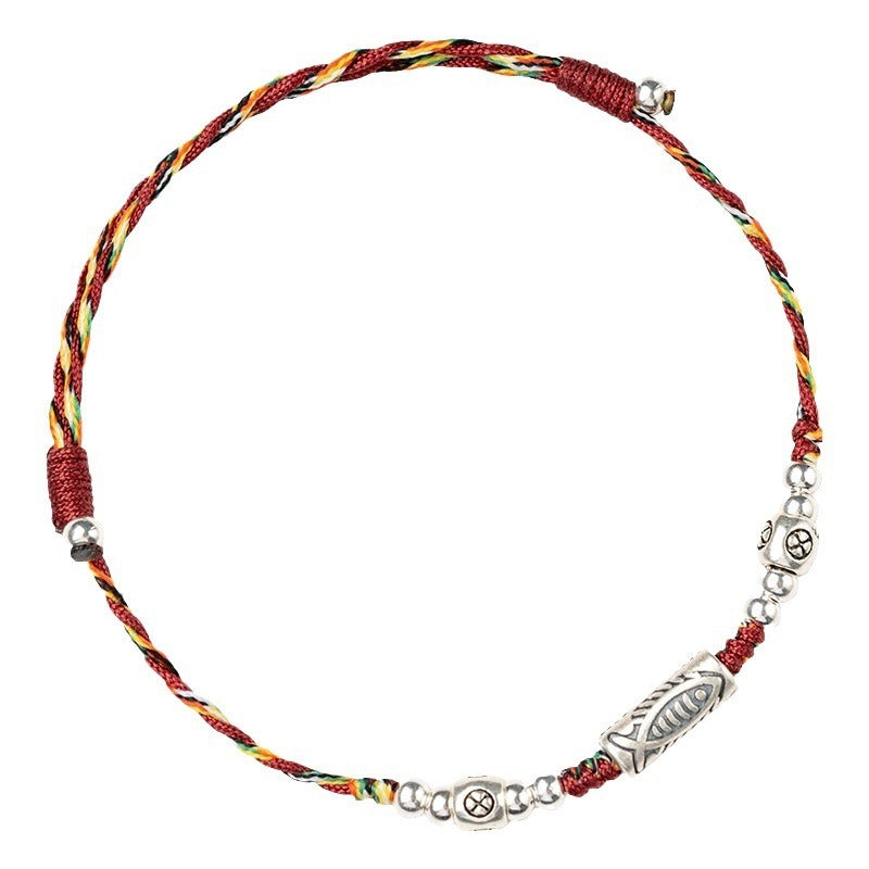 925 Sterling Silver Luck Koi Fish Braided Colorful String Bracelet Anklet