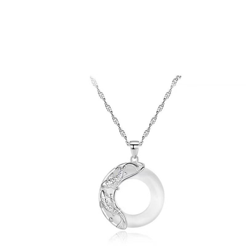 Natural White Jade Koi Lucky Necklace