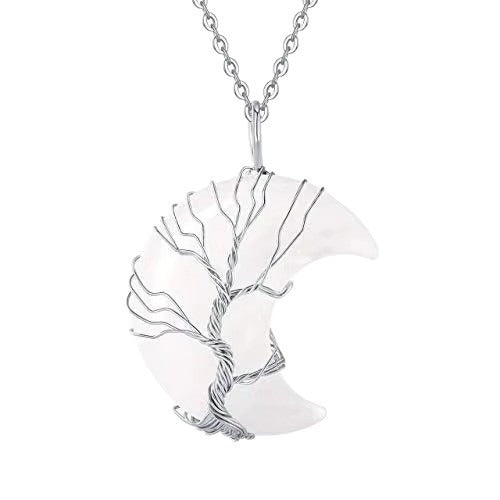 Natural Quartz Crystal Moon Tree Of Life Healing Energy Necklace Pendant