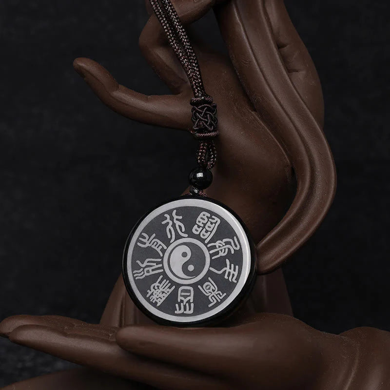 Obsidian Taoism Five Sacred Mountains Nine-Character Mantra Carved Purification Yin Yang Necklace Pendant