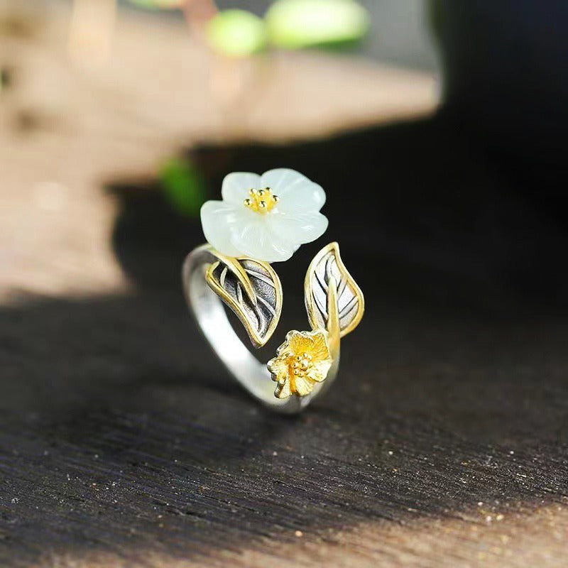 925 Silver Plated Copper White Jade Plum Flower Leaf Luck Ring