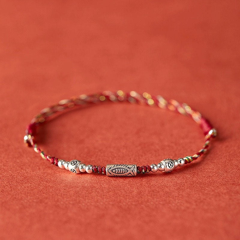 925 Sterling Silver Luck Koi Fish Braided Colorful String Bracelet Anklet
