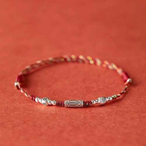 925 Sterling Silver Luck Koi Fish Braided Colorful String Bracelet Anklet