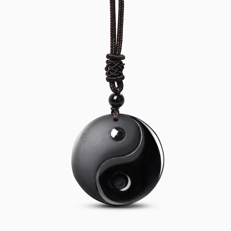 Obsidian Taoism Five Sacred Mountains Nine-Character Mantra Carved Purification Yin Yang Necklace Pendant