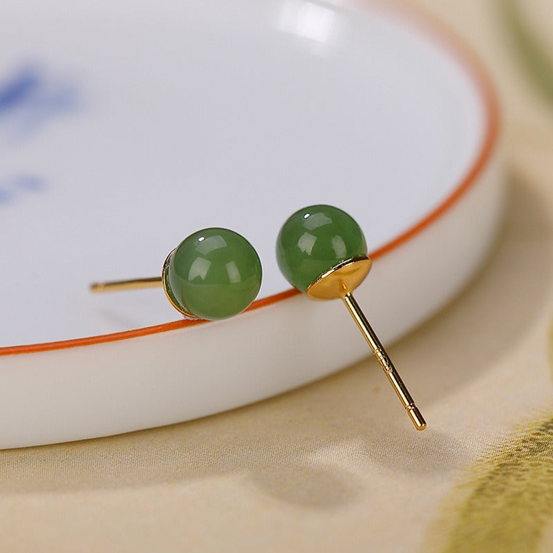 925 Sterling Silver Round Cyan Jade Healing Calm Stud Earrings