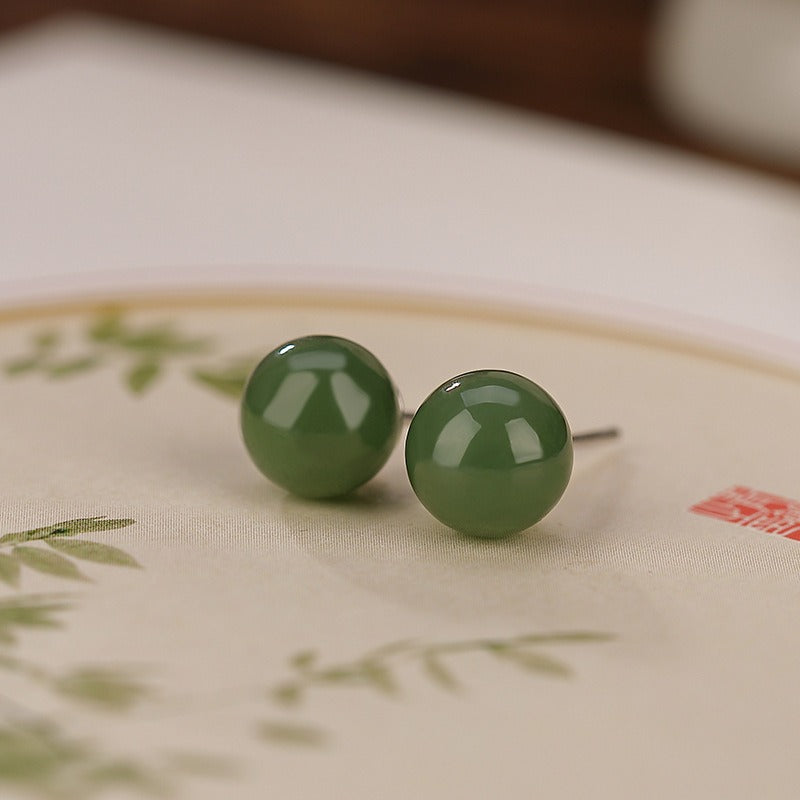 925 Sterling Silver Round Cyan Jade Healing Calm Stud Earrings