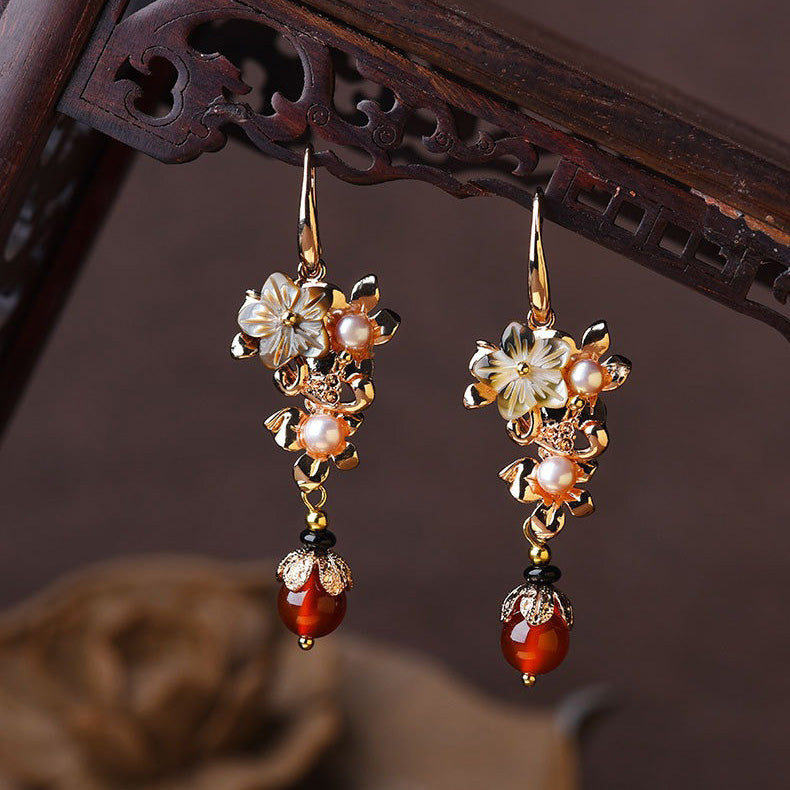 14K Gold Plated Tridacna Stone Flower Pearl Green Aventurine Bead Drop Earrings