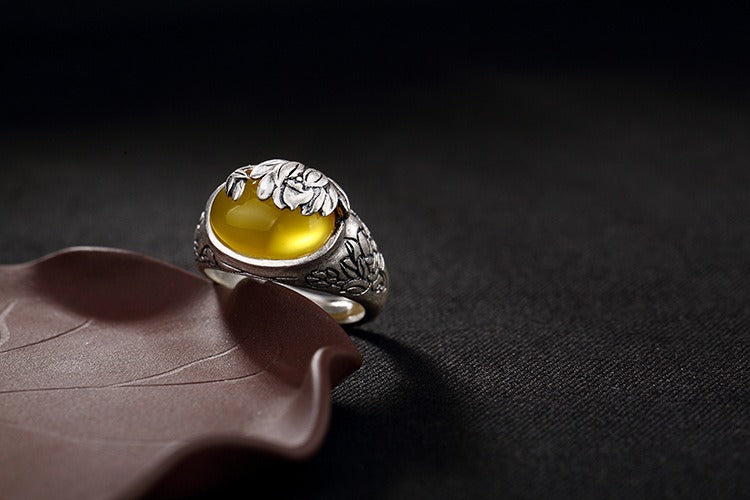 Citrine Lotus Blessing Protection Adjustable Ring
