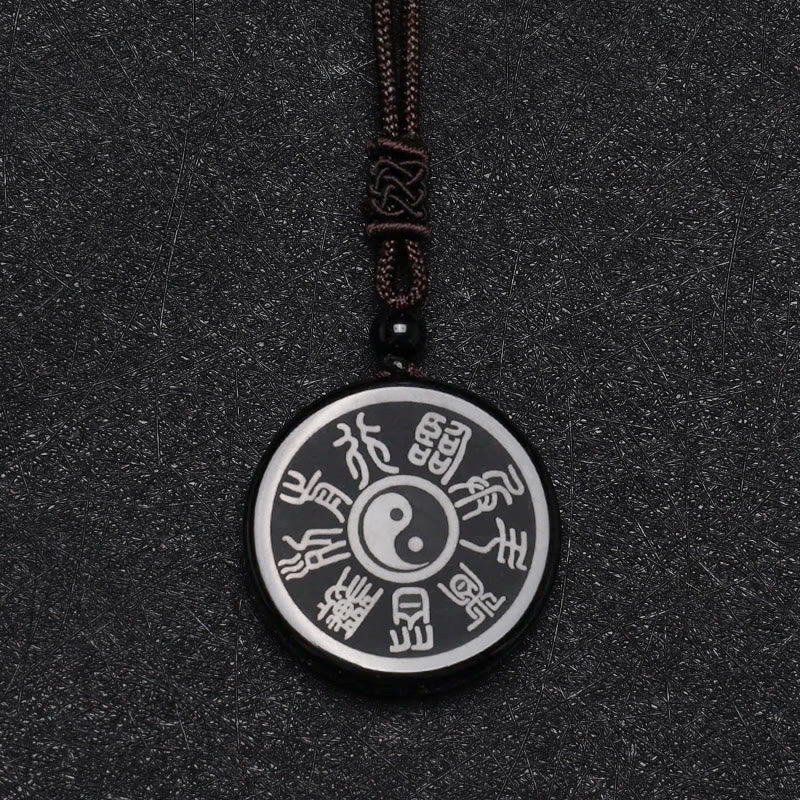 Obsidian Taoism Five Sacred Mountains Nine-Character Mantra Carved Purification Yin Yang Necklace Pendant
