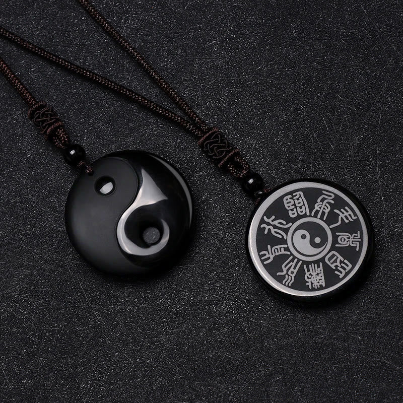 Obsidian Taoism Five Sacred Mountains Nine-Character Mantra Carved Purification Yin Yang Necklace Pendant