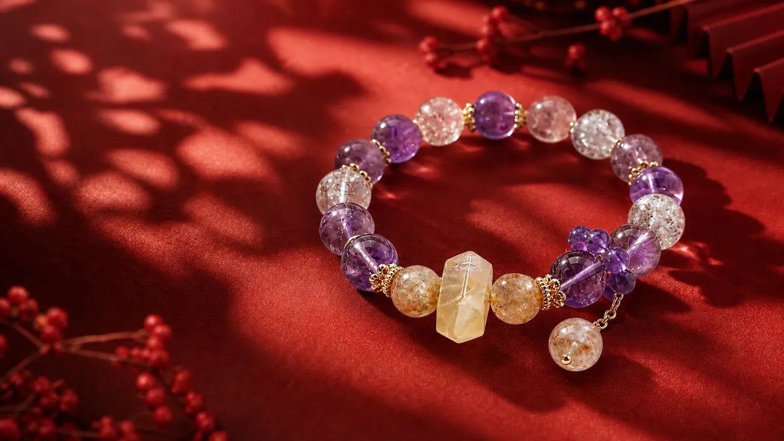 Letimore amethyst crystal bracelet on red silk