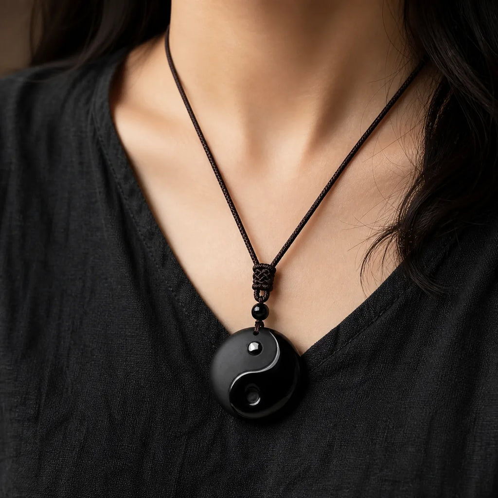 Obsidian Yin Yang necklace pendant worn by a woman