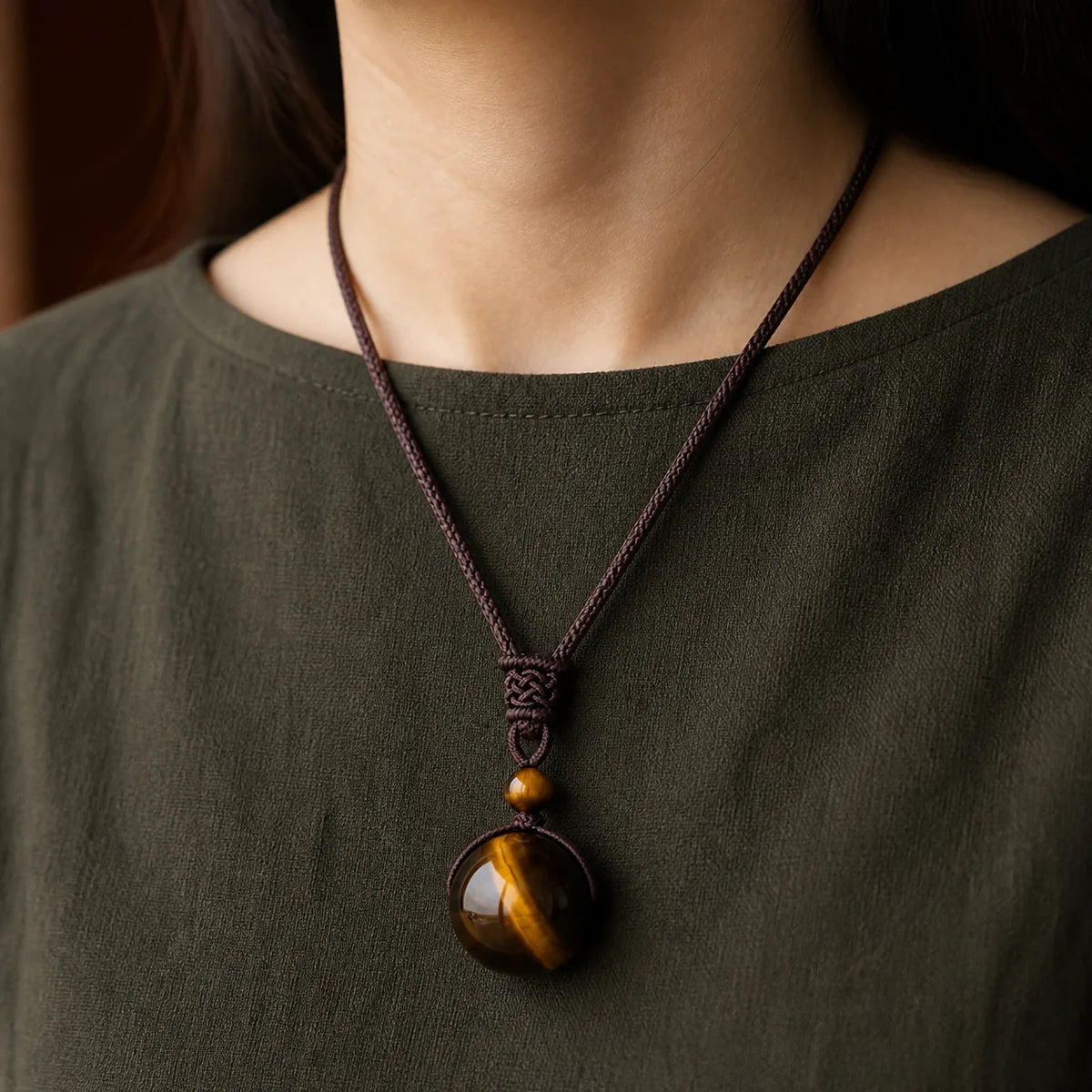 Tibetan tiger's eye protection necklace worn by a woman
