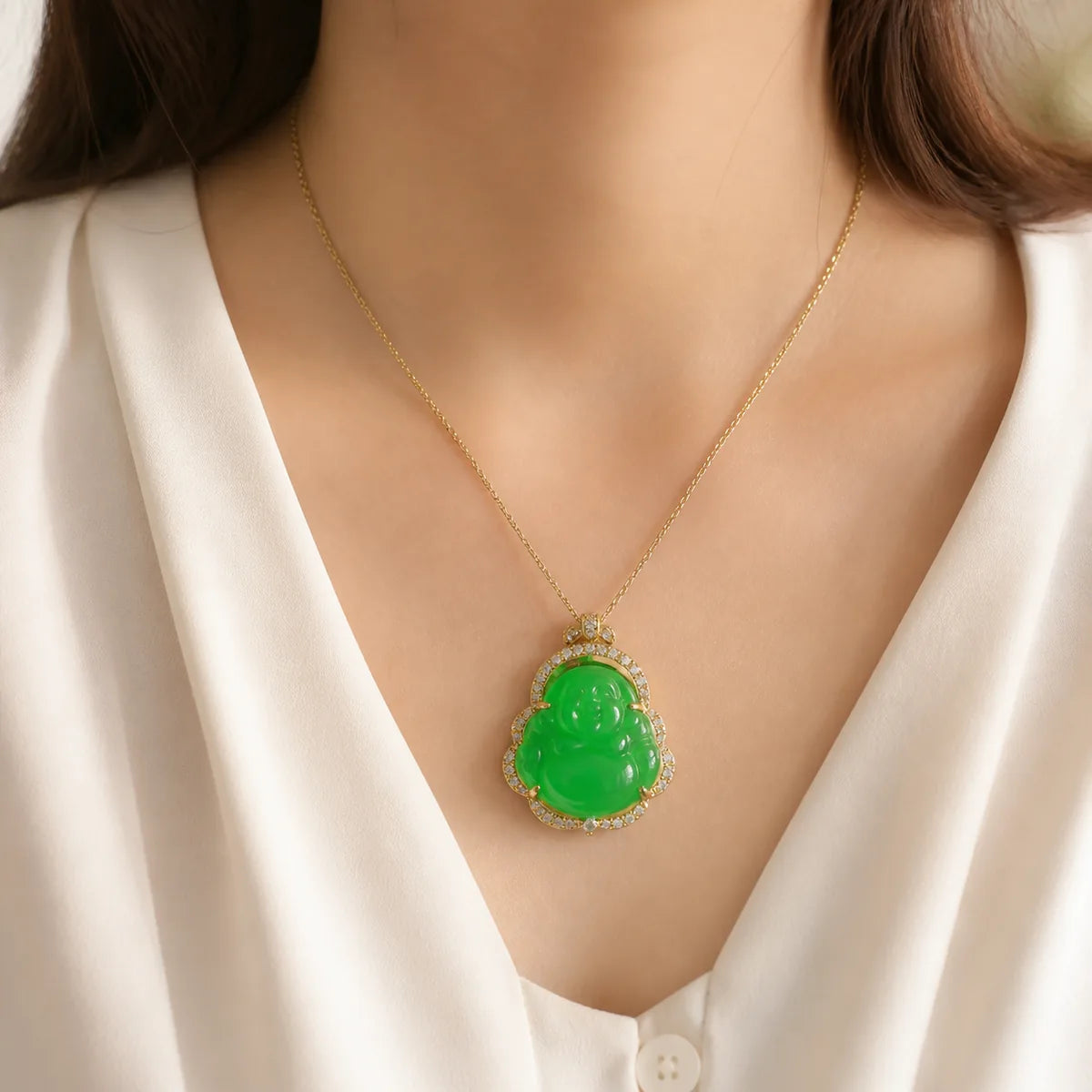 Good luck Laughing Buddha necklace worn by a woman